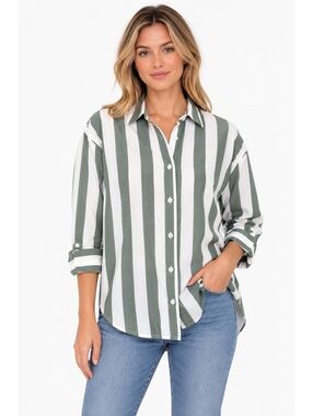 H&M Women’s L Green White Striped Button Down Shirt Oversized Fall Coastal Casua